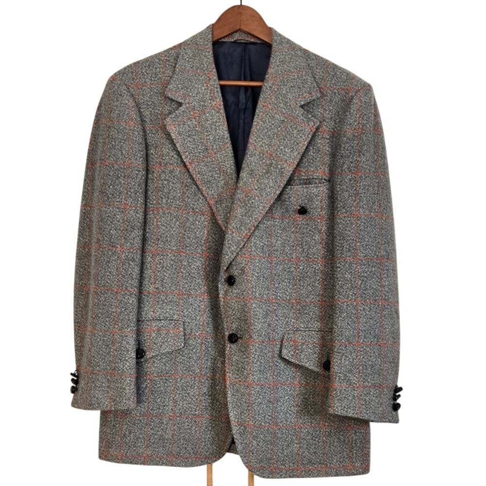 Vintage 70's Old Money Wool Double Breasted Windowpane Tailored Sport Coat 40L